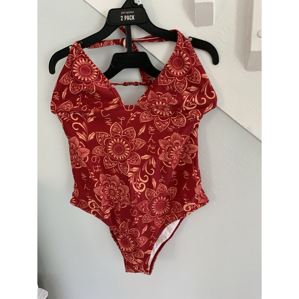 Vintage C&A Brazilian One Piece Swimsuit Floral Tie Back Size M